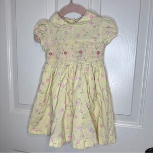 VTG Laura Ashley Butter Yellow Pink Floral Print Smocked Collared Dress Sz 12M